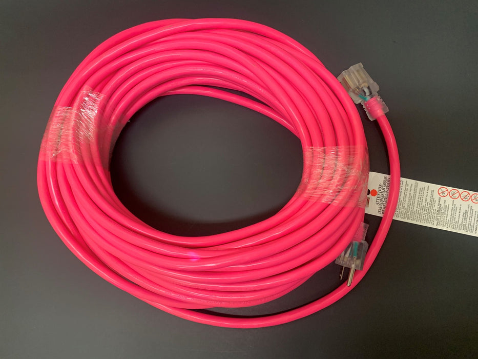 100FT NEMA 5-15P TO NEMA 5-15R NEON PINK LIGHTED EXTENSION CORD 12/3 SJTW NA 20A 125V